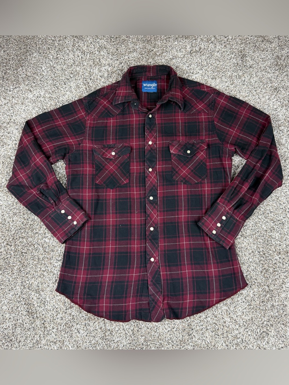 Sz Medium Men’s Wrangler Western Plaid Checker Pearl Snap Red Black Soft Fleece